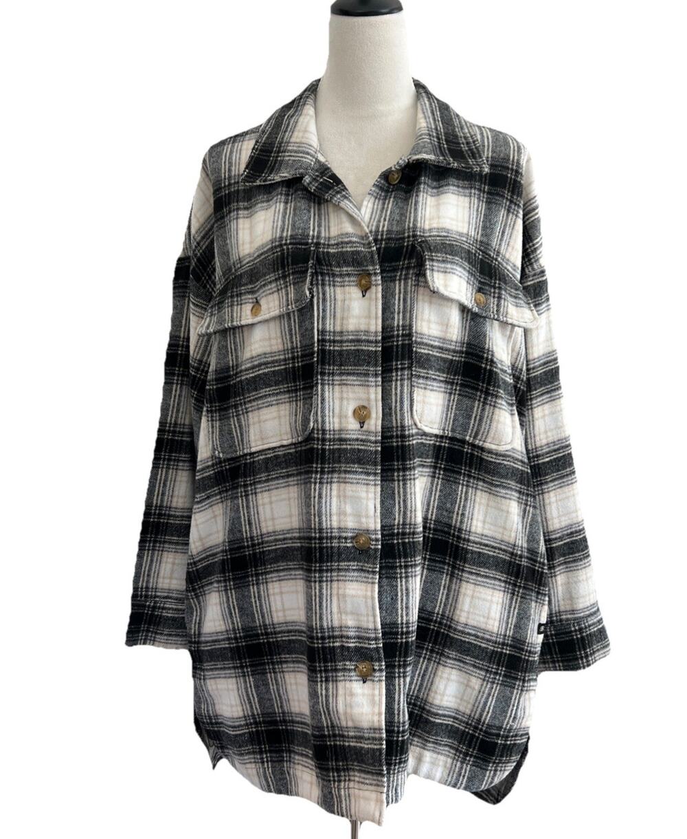 Banana Republic Plaid Shacket Jacket Womens L Black Cream Wool Blend Oversized